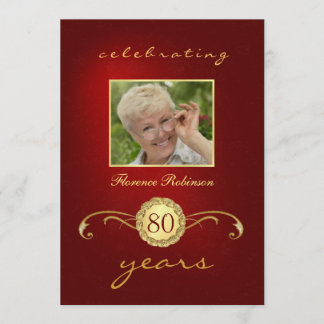80th Birthday Invitations - Red & Gold Monogram