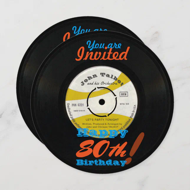 80th Birthday Invite Retro Vinyl Record 45 RPM | Zazzle