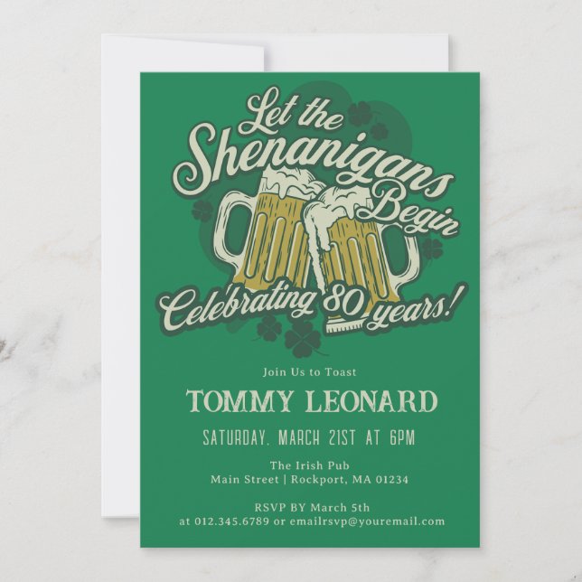 80th Birthday Irish St.Patrick's Day Beer Invitation (Front)