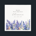80th Birthday July Birth Flower Larkspur Custom Napkins<br><div class="desc">Perfect table decor for a July birthday party. Blue larkspur (delphinium) is the birth flower for that month. It forms a pretty watercolor bottom border on this floral personalized napkin. The birthday celebrant's name,  age and birthdate are placed above it using elegant calligraphy and typography. All text is editable.</div>