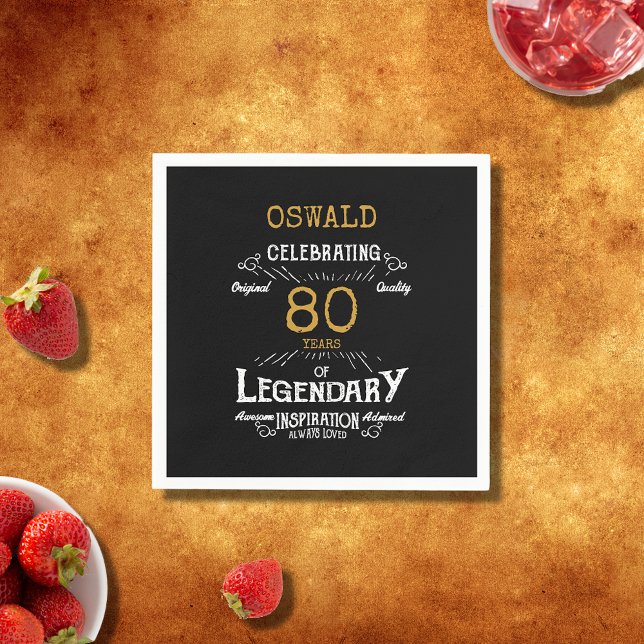 80th Birthday Legendary Black Gold Retro Napkins (For those celebrating their 80th birthday we have the ideal birthday party napkins )