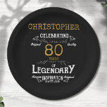 80th Birthday Legendary Black Gold Retro Paper Plates<br><div class="desc">For those celebrating their 80th birthday we have the ideal birthday party plates with a vintage feel. The black background with a white and gold vintage typography design design is simple and yet elegant with a retro feel. Easily customize the text of this birthday plate using the template provided. Part...</div>