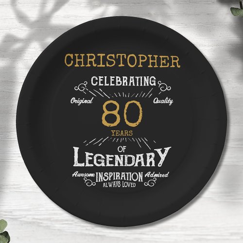 80th Birthday Legendary Black Gold Retro Paper Plates