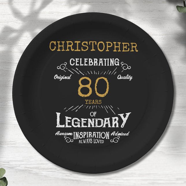 80th Birthday Legendary Black Gold Retro Paper Plates (For those celebrating an 80th birthday we have the ideal birthday party plates with a vintage feel.)