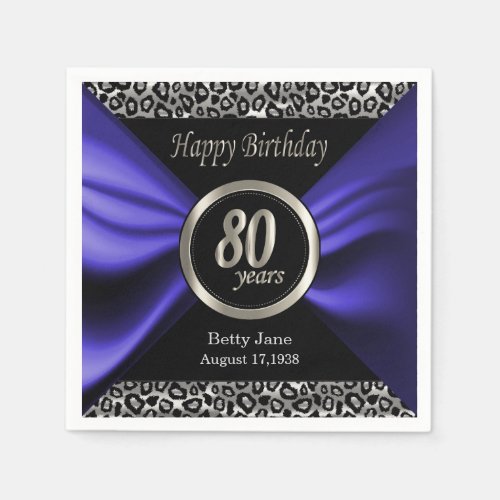 80th Birthday  Leopard _ Blue Purple _ Custom Napkins