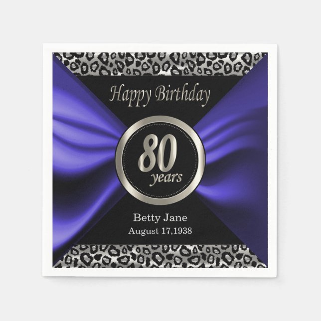 80th Birthday | Leopard - Blue Purple - Custom Napkins (Front)