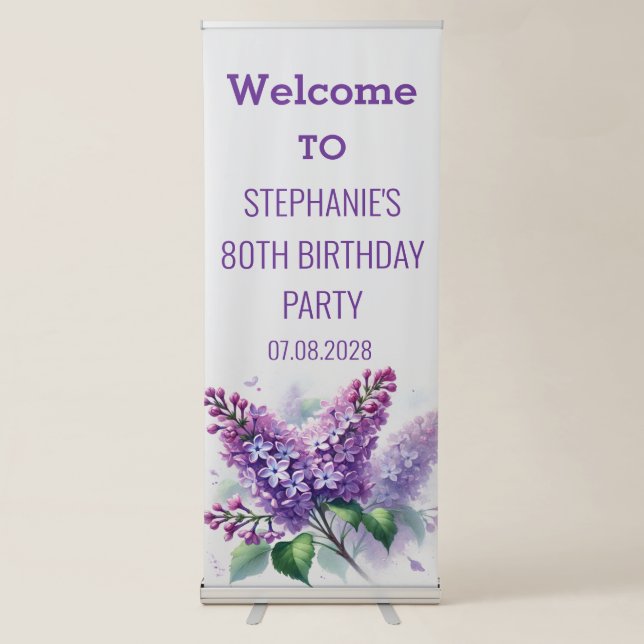 80th Birthday Lilac Purple Flowers Floral Elegant Retractable Banner (Front)