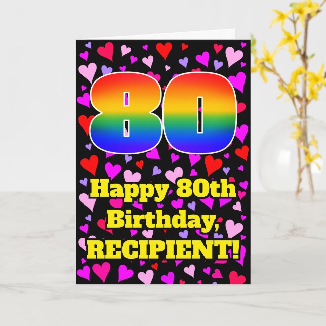 80th Birthday: Loving Hearts Pattern, Rainbow # 80 Card (Yellow Flower)