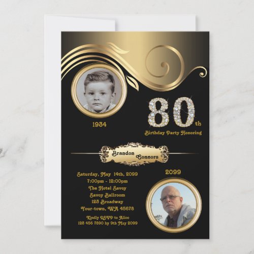 80thBirthday Man 80th art deco black gold Invitation