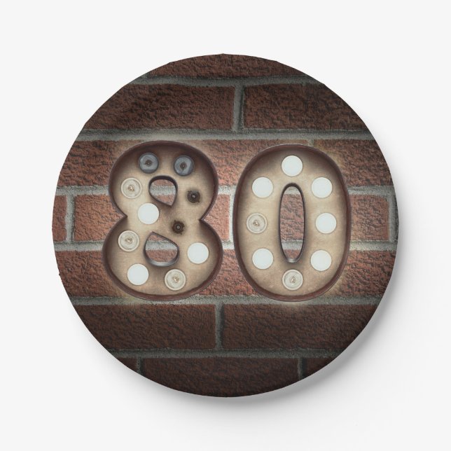 80th birthday marquee sign on brick wall paper plates (Front)