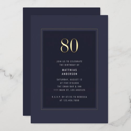 80th Birthday Minimal Elegant Dark Gold Frame Foil Invitation