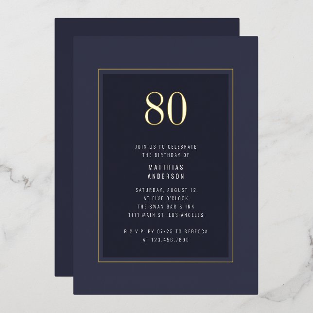 80th Birthday Minimal Elegant Dark Gold Frame Foil Invitation (Front/Back)
