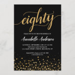 80th Birthday Modern Black Gold Confetti Script Invitation<br><div class="desc">Modern Black Gold Confetti Dots Script 80th Birthday Invitation
The design features 'eighty' in a modern elegant script and gold confetti dots accent.
If you would like to customize the text 'eighty' to another age,  feel free to email us at panggadesigns@gmail.com.</div>