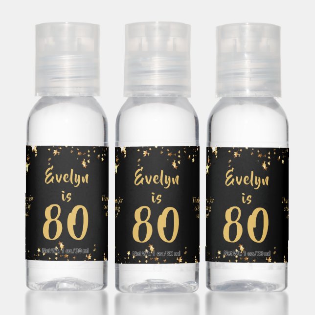 80th Birthday Modern Black Gold Stars Favor Gift Hand Sanitizer (Set)