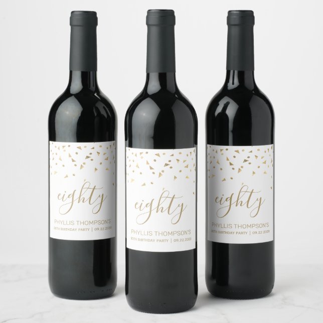80th Birthday Modern Gold Triangle Confetti White Wine Label (Bottles)