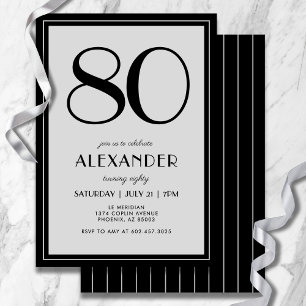 80th Birthday Modern Minimalist Mens Black Gray Invitation