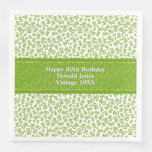 80th Birthday Modern Number Pattern Green/White Paper Dinner Napkins (Front)