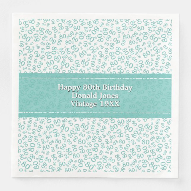 80th Birthday Modern Number Pattern Teal/White Paper Dinner Napkins (Front)