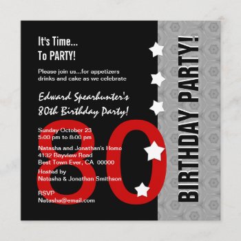 80th Birthday Modern Red Silver Black Funny D845f Invitation by JaclinArt at Zazzle