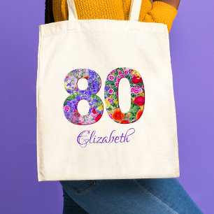 80th Birthday Mom Gift – Floral Name 80 Years Tote Bag