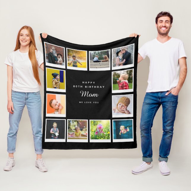 80th Birthday Mom Photo Collage Template Black Fleece Blanket (In Situ)