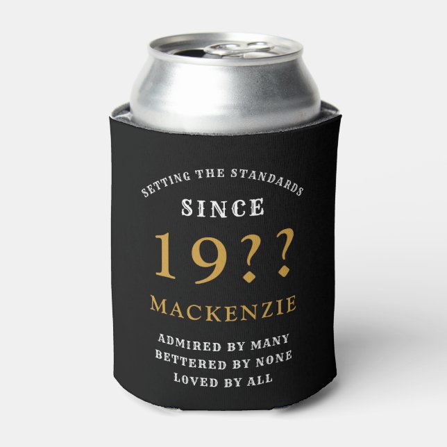 80th Birthday Monogram Name Year Black Gold Can Cooler (Can Front)