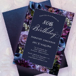 80th Birthday Moody Purple Flower Invitation<br><div class="desc">Moody purple flowers create a lush border on this 80th birthday party invitation. Pops of dusty blue and ivory white add to the floral display. A dark background adds to the mood and makes the white text pop. Traditional calligraphy script gives it an elegant vibe. Except for the word birthday,...</div>