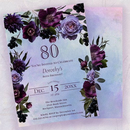 80th Birthday Moody Purple Gothic Flower Invitation