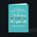 80th Birthday Most Fabulous Colorful Gem Turquoise Card<br><div class="desc">Celebrate the milestone birthday of your favorite senior citizen with this fun gift reminding them of how fabulous they are. White and grey lettering on deep turquoise background. Colorful diamond-cut gems in rainbow tones serve as accent. Customize with names, initials or other text. This series is in increments of 5...</div>