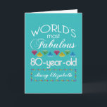 80th Birthday Most Fabulous Colorful Gem Turquoise Card<br><div class="desc">Celebrate the milestone birthday of your favorite senior citizen with this fun gift reminding them of how fabulous they are. White and grey lettering on deep turquoise background. Colorful diamond-cut gems in rainbow tones serve as accent. Customize with names, initials or other text. This series is in increments of 5...</div>