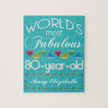 80th Birthday Most Fabulous Colorful Gem Turquoise Jigsaw Puzzle<br><div class="desc">Celebrate the milestone birthday of your favorite senior citizen with this fun gift reminding them of how fabulous they are. White and grey lettering on deep turquoise background. Colorful diamond-cut gems in rainbow tones serve as accent. Customize with names, initials or other text. This series is in increments of 5...</div>