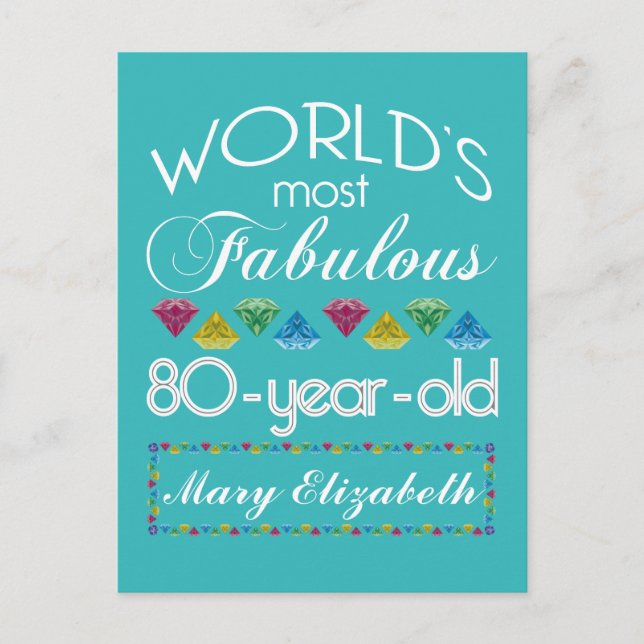 80th Birthday Most Fabulous Colorful Gem Turquoise Postcard (Front)