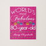 80th Birthday Most Fabulous Colorful Gems Pink Jigsaw Puzzle<br><div class="desc">Celebrate the milestone birthday of your favorite senior citizen with this fun gift reminding them of how fabulous they are. White and grey lettering on deep pink background. Colorful diamond-cut gems in rainbow tones serve as accent. Customize with names, initials or other text. This series is in increments of 5...</div>