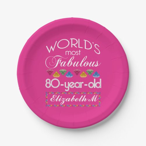 80th Birthday Most Fabulous Colorful Gems Pink Paper Plates