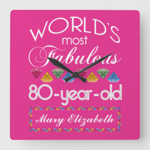 80th Birthday Most Fabulous Colorful Gems Pink Square Wall Clock