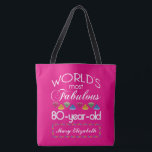 80th Birthday Most Fabulous Colorful Gems Pink Tote Bag<br><div class="desc">Celebrate the milestone birthday of your favorite senior citizen with this fun gift reminding them of how fabulous they are. White and grey lettering on deep pink background. Colorful diamond-cut gems in rainbow tones serve as accent. Customize with names, initials or other text. If you’d like a different color background...</div>