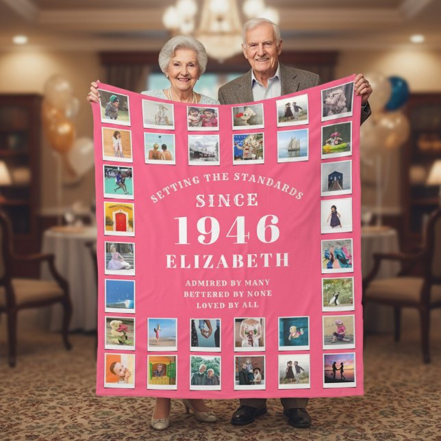 80th Birthday Mother Family Photo collage Pink Fleece Blanket (Born 1946 pink fleece blanket with photos held by a an elderly couple)