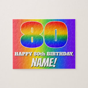 80th Birthday — Multicolored Rainbow Pattern “80” Jigsaw Puzzle