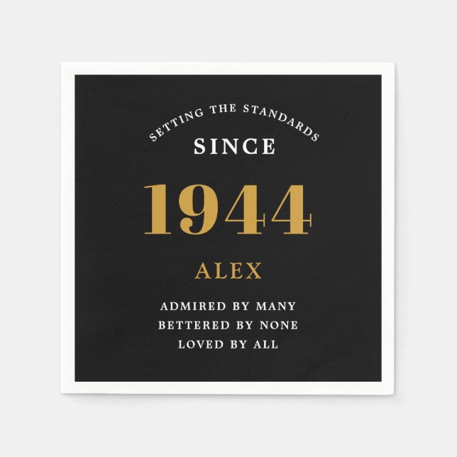 80th Birthday Name 1944 Black Gold Elegant Chic Napkins (Front)