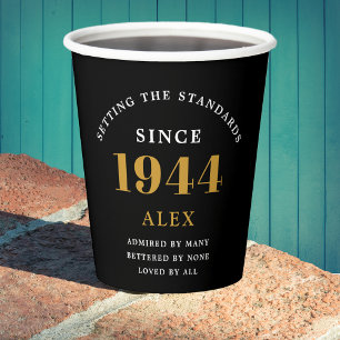 80th Birthday Name 1944 Black Gold Elegant Chic Paper Cups