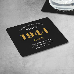 80th Birthday Name 1944 Black Gold Elegant Chic Square Paper Coaster