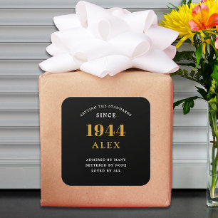 80th Birthday Name 1944 Black Gold Elegant Chic Square Sticker