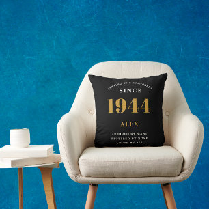 80th Birthday Name 1944 Black Gold Elegant Chic Throw Pillow