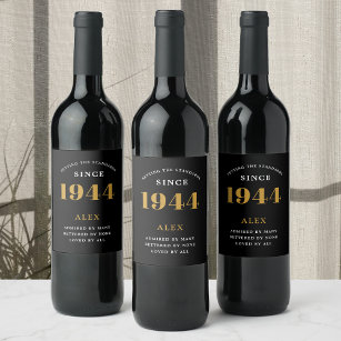 80th Birthday Name 1944 Black Gold Elegant Chic Wine Label