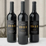 80th Birthday Name 1945 Black Gold Elegant Chic<br><div class="desc">1945 Vintage 80th Birthday Black & Gold Elegant Wine Label. Celebrate your milestone with our exclusive 1945 Vintage 80th birthday wine label. The meticulously designed label with stunning black and gold hues effortlessly enhances the visual appeal of your favorite wine. The year 1945, prominently featured on the label, adds a...</div>