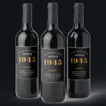 80th Birthday Name 1945 Black Gold Elegant Chic Wine Label<br><div class="desc">1945 Vintage 80th Birthday Black & Gold Elegant Wine Label. Celebrate your milestone with our exclusive birthday wine label. The meticulously designed label with stunning black and gold hues effortlessly enhances the visual appeal of your favorite wine. The year prominently featured on the label, adds a nostalgic throwback to the...</div>