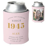 80th Birthday Name 1945 Chic Pink Grey Photo Can Cooler<br><div class="desc">A personalized elegant can cooler that is easy to customize for that special birthday party occasion.</div>