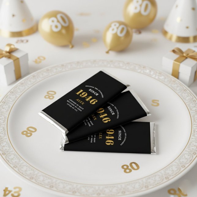 80th Birthday Name 1946 Black Gold Elegant Chic Hershey Bar Favors (1946 Candy bar wrapper. White and gold background)