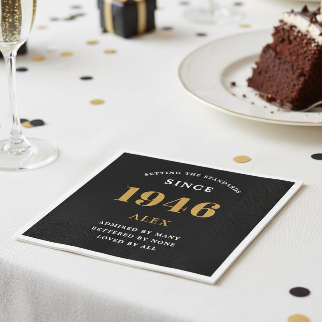 80th Birthday Name 1946 Black Gold Elegant Chic Napkins (1946 Custom napkin on a white table cloth.)