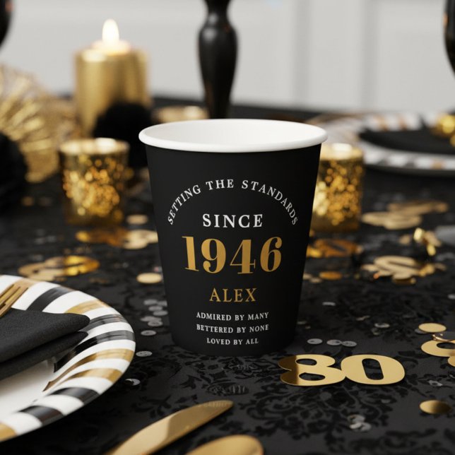 80th Birthday Name 1946 Black Gold Elegant Chic Paper Cups (1946 paper cup on a party table.)
